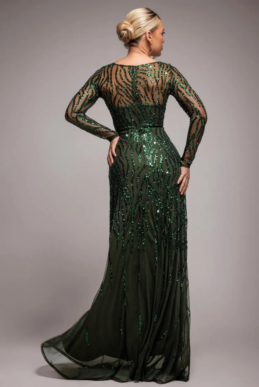 Ombre Sequin Beaded Flared Long Sleeve Maxi Dress - Olive Green by Goddiva sold by Goddiva product image thumbnail 3