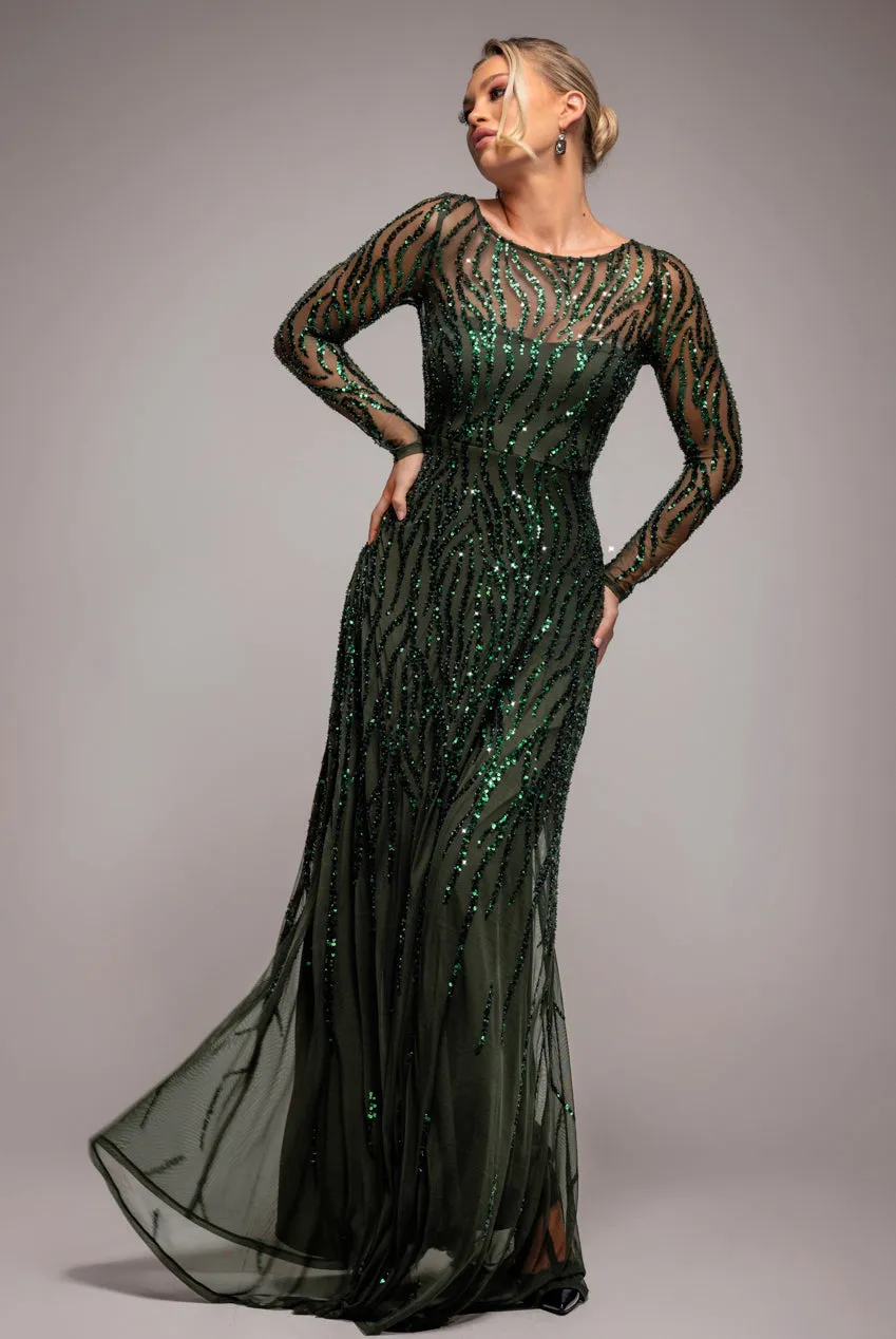 Ombre Sequin Beaded Flared Long Sleeve Maxi Dress - Olive Green by Goddiva sold by Goddiva product image thumbnail 4