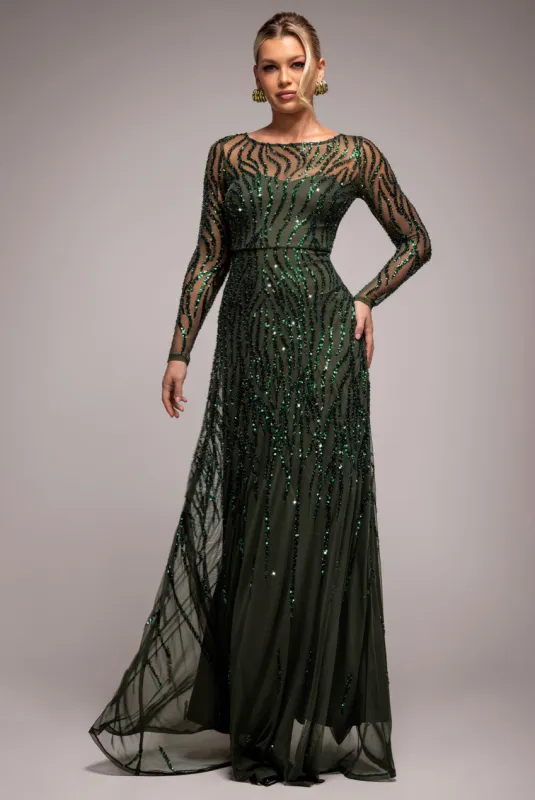 Ombre Sequin Beaded Flared Long Sleeve Maxi Dress - Olive Green by Goddiva sold by Goddiva