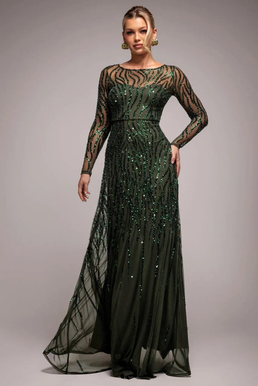 Ombre Sequin Beaded Flared Long Sleeve Maxi Dress - Olive Green by Goddiva sold by Goddiva