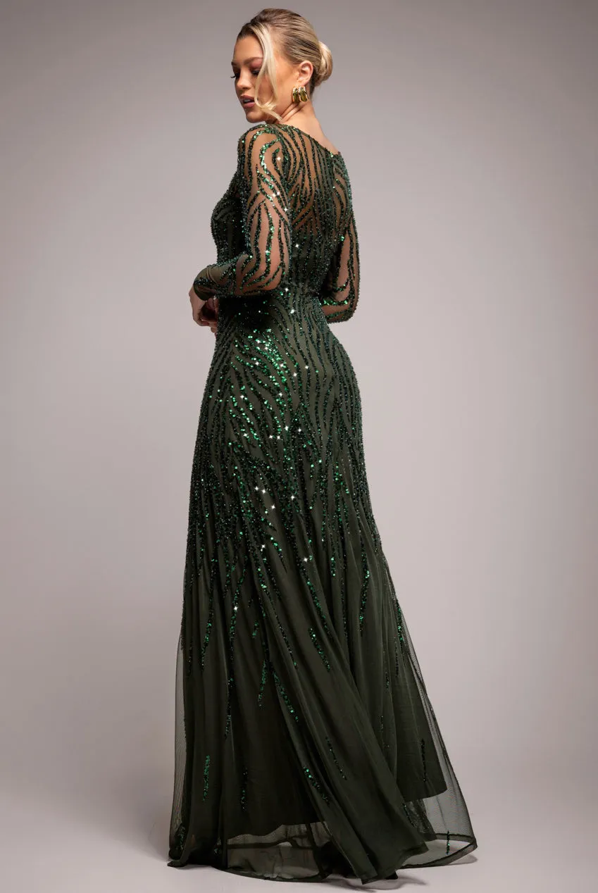 Ombre Sequin Beaded Flared Long Sleeve Maxi Dress - Olive Green by Goddiva sold by Goddiva product image thumbnail 2