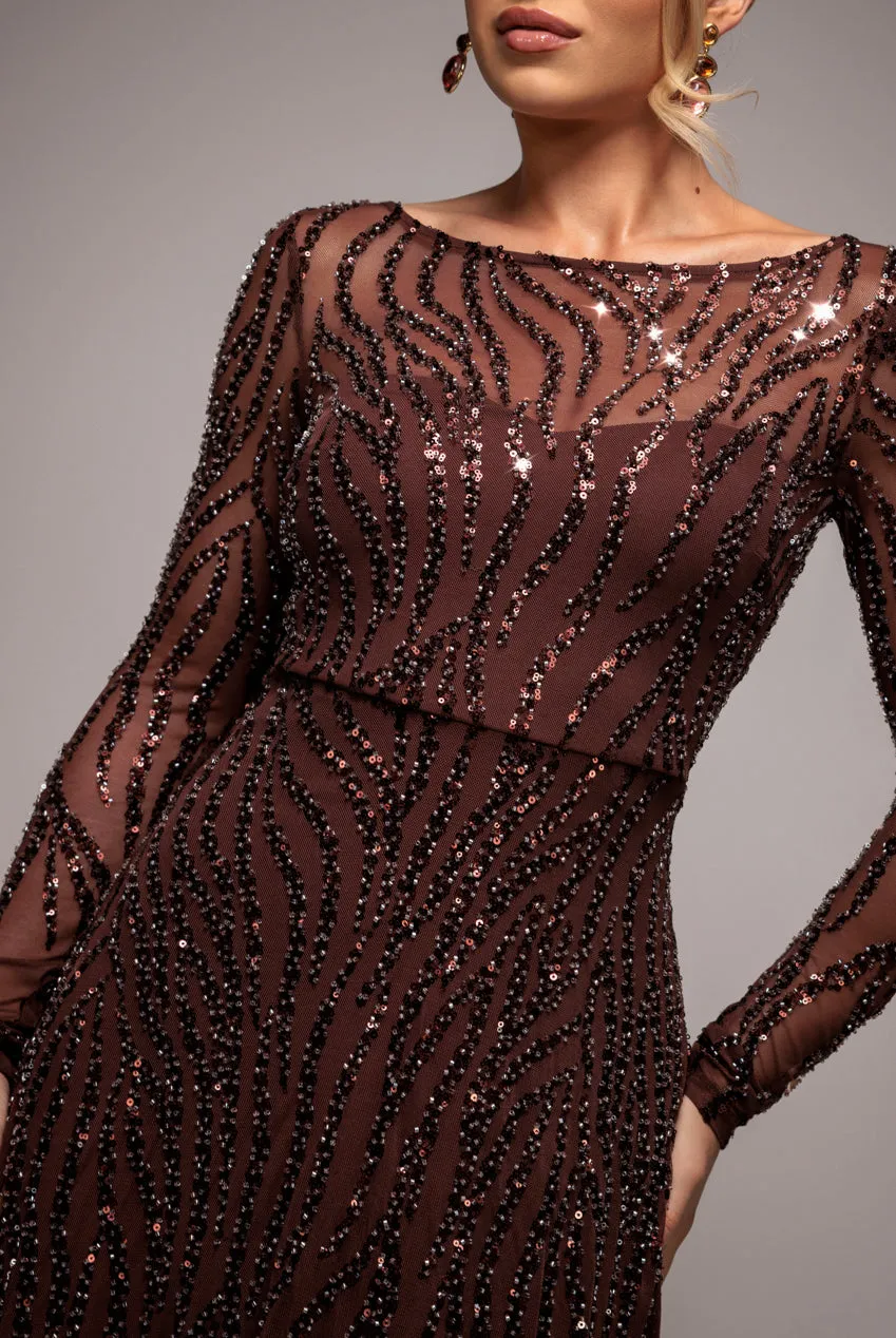 Ombre Sequin Beaded Flared Long Sleeve Maxi Dress - Brown by Goddiva sold by Goddiva product image thumbnail 4