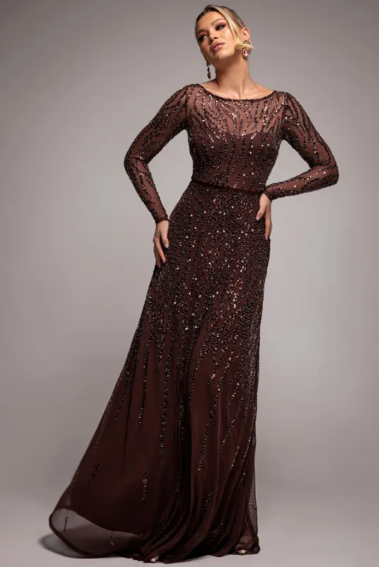 Ombre Sequin Beaded Flared Long Sleeve Maxi Dress - Brown by Goddiva sold by Goddiva