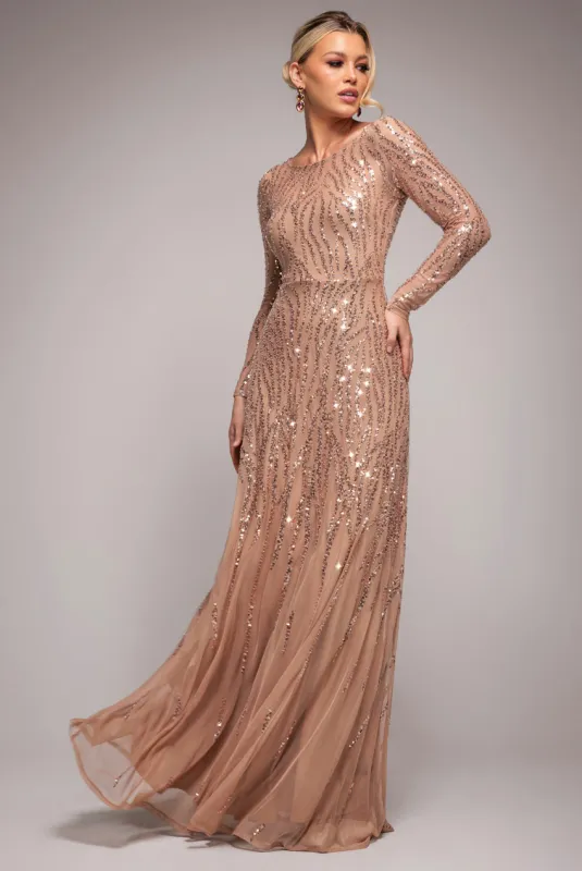 Ombre Sequin Beaded Flared Long Sleeve Maxi Dress - Champagne by Goddiva sold by Goddiva