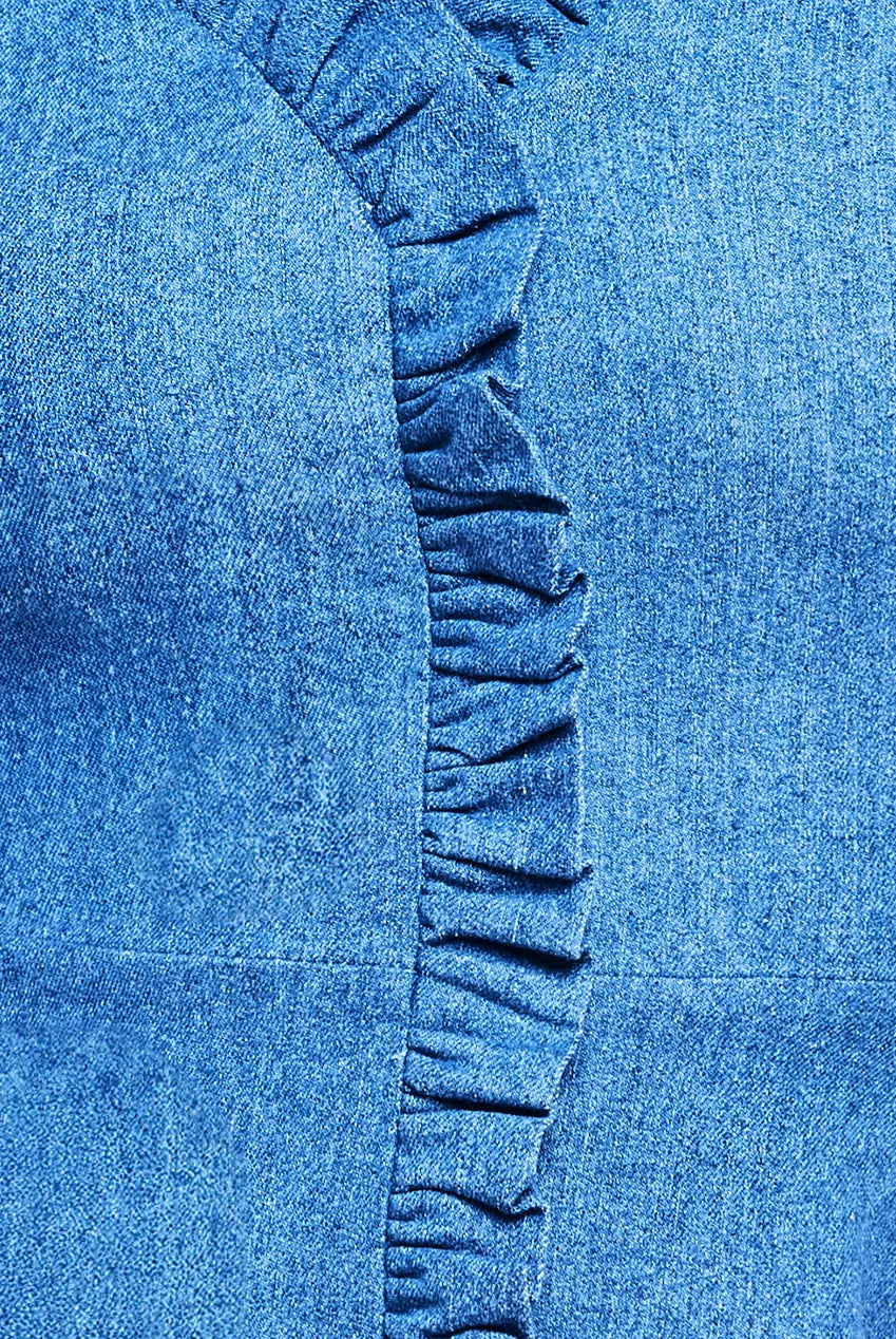 Denim Front Frill Flared Midi Dress - Blue Denim by Goddiva sold by Goddiva product image thumbnail 5