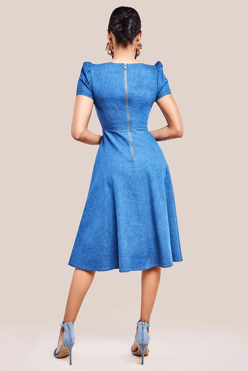 Denim Front Frill Flared Midi Dress - Blue Denim by Goddiva sold by Goddiva product image thumbnail 3