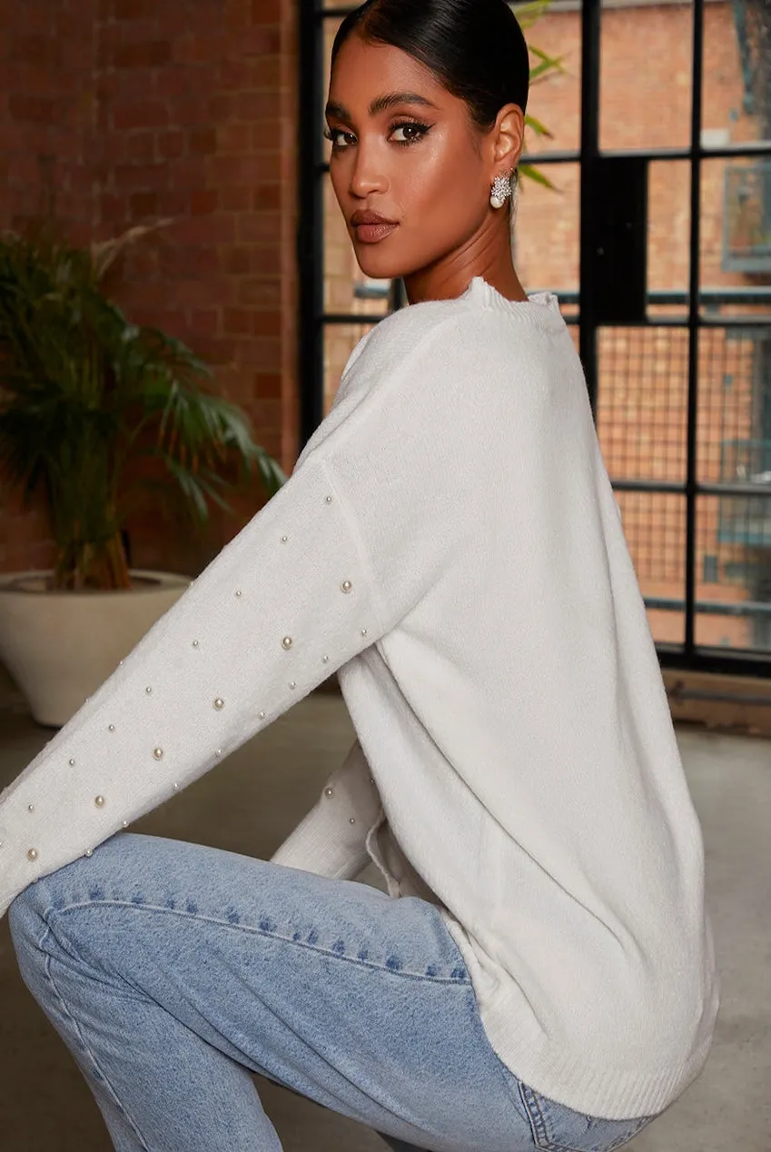 Pearl Detail Oversized Cardigan In Cream by Chi Chi London sold by Goddiva product image thumbnail 3