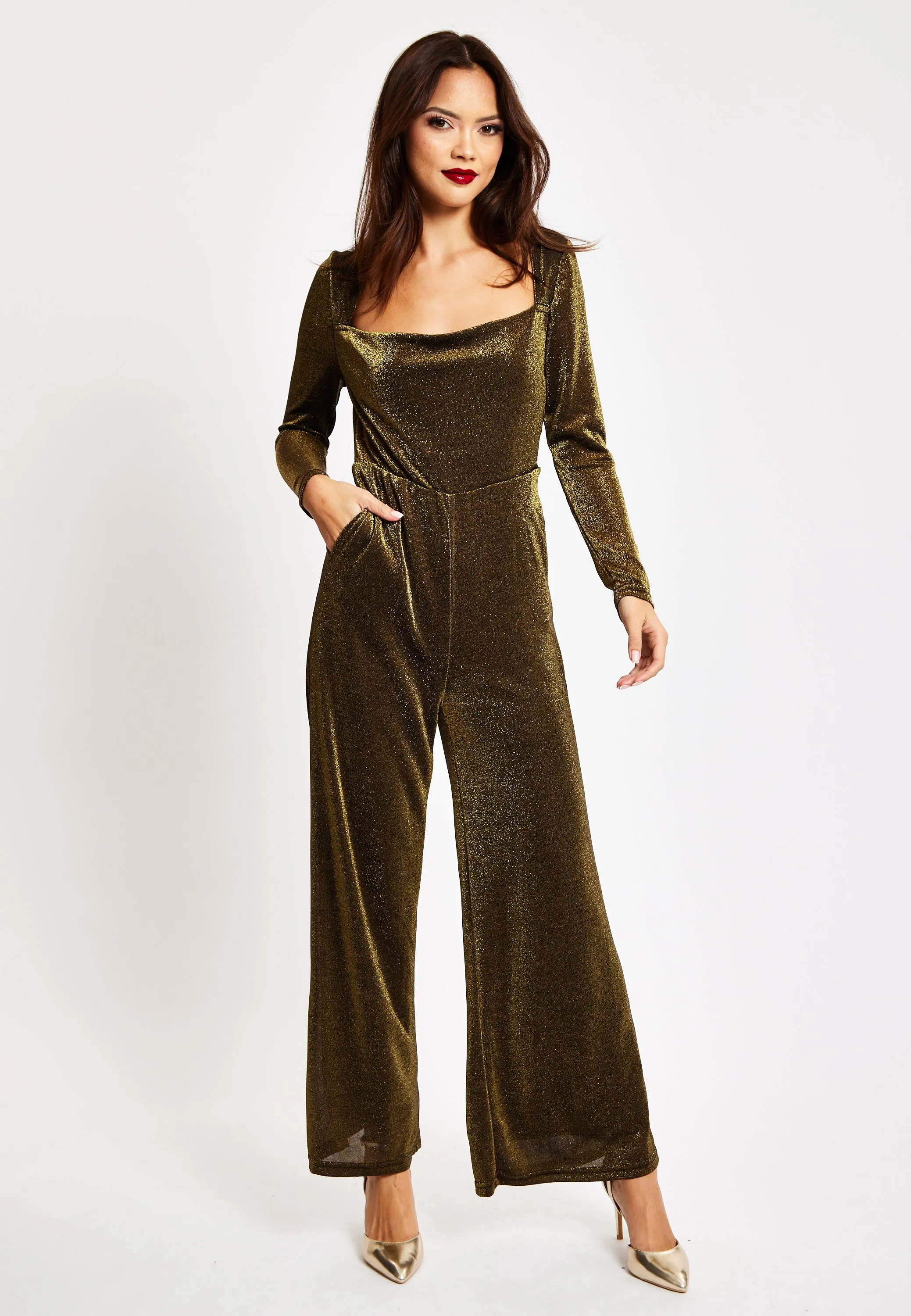 Gold Cowl Neck Lurex Jumpsuit by Liquorish sold by Goddiva product image thumbnail 4
