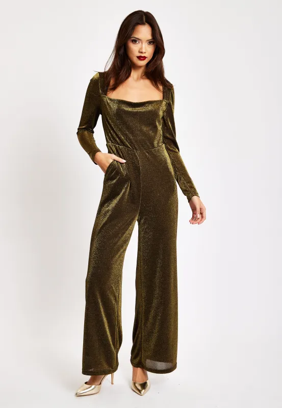 Gold Cowl Neck Lurex Jumpsuit by Liquorish sold by Goddiva
