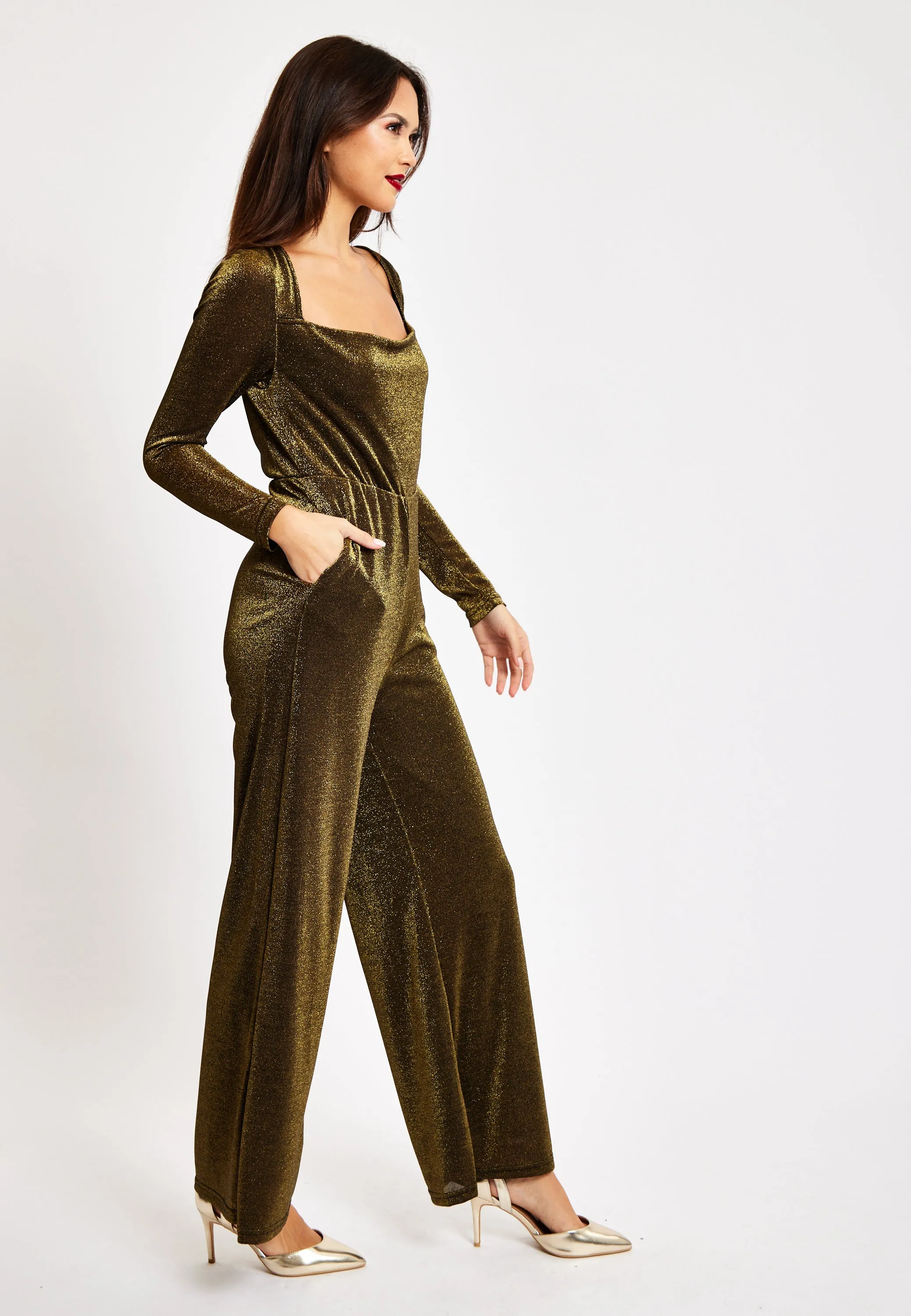 Gold Cowl Neck Lurex Jumpsuit by Liquorish sold by Goddiva product image thumbnail 5