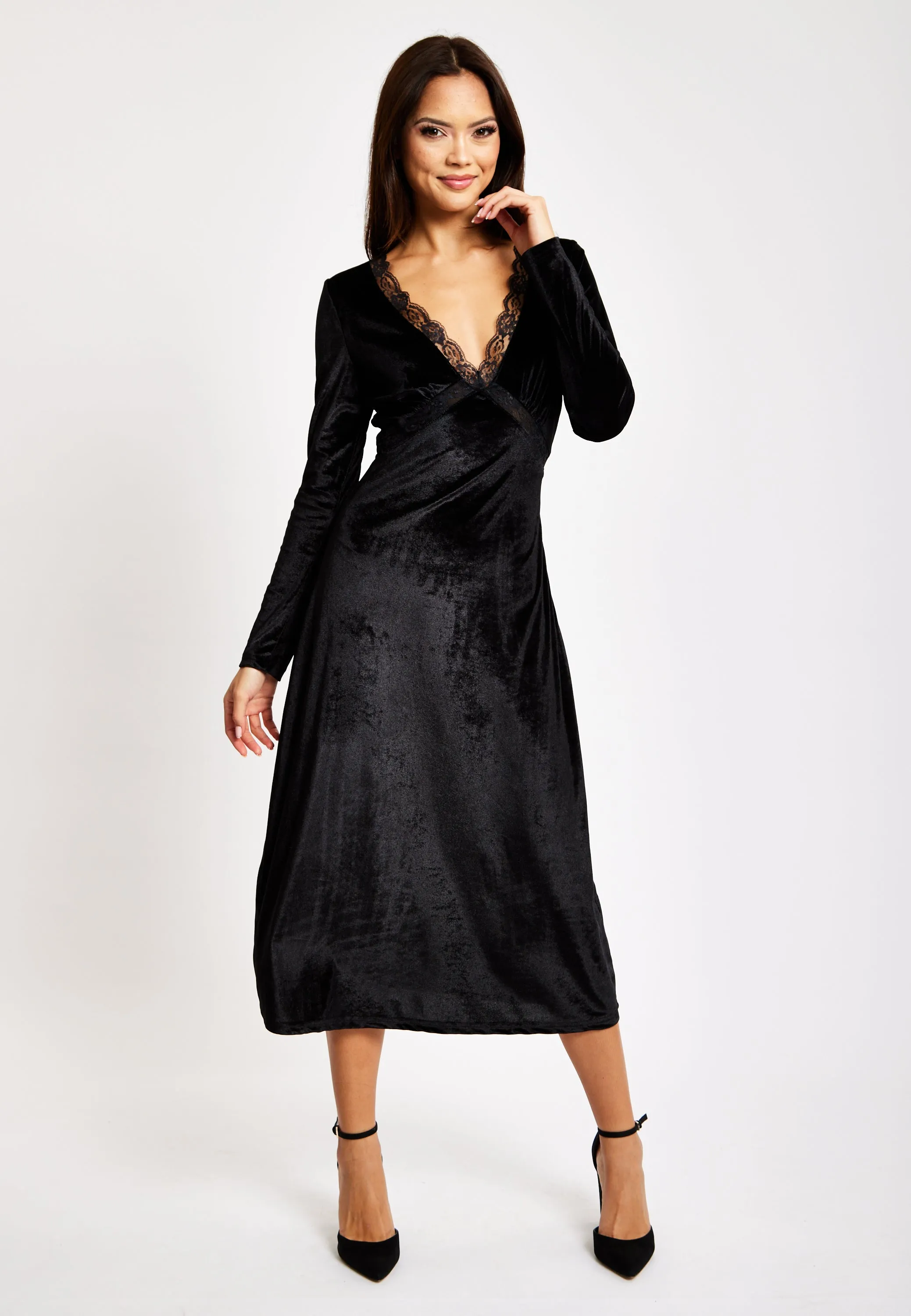 Black Velvet Midi Dress With Lace Details by Liquorish sold by Goddiva product image thumbnail 3