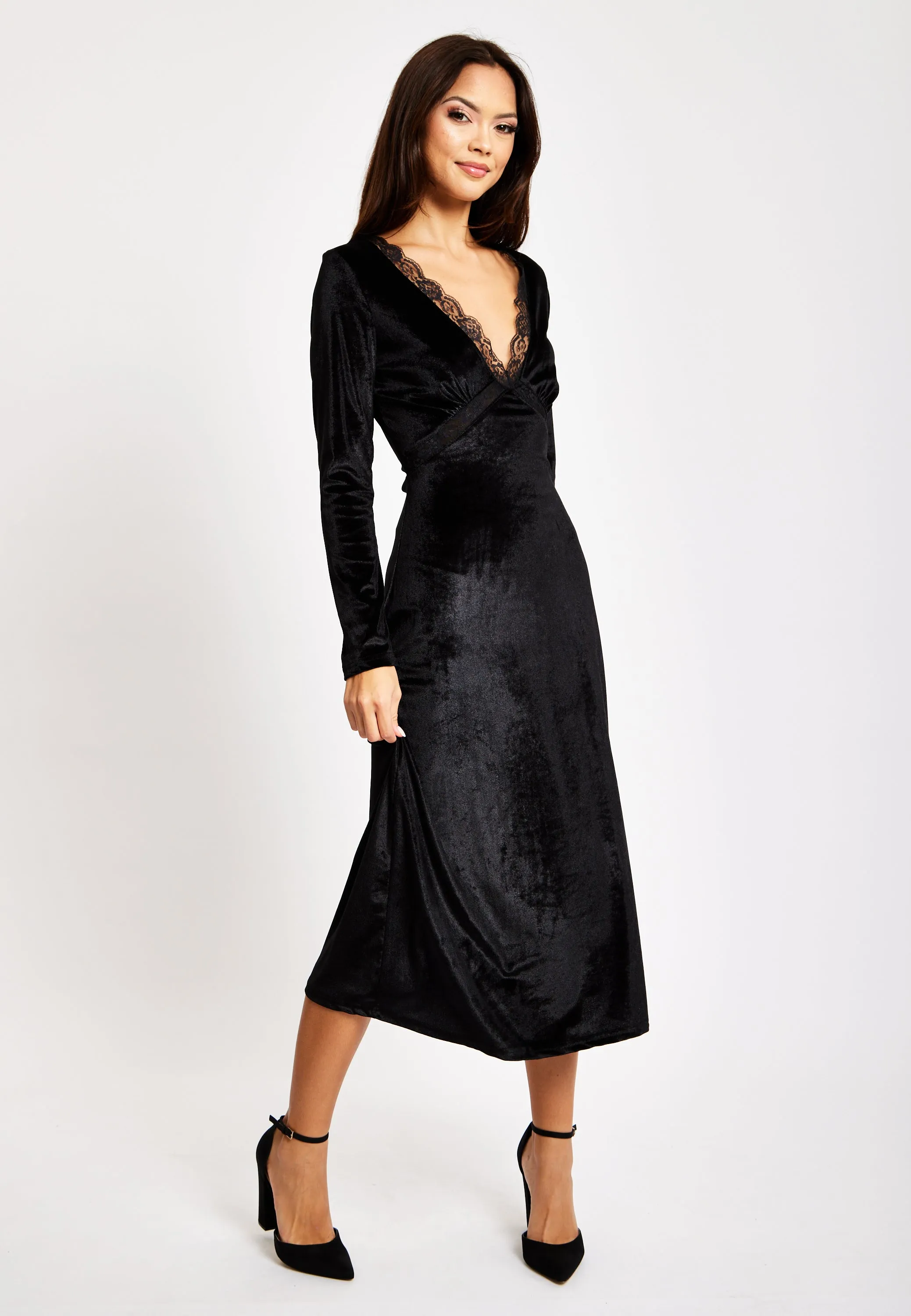 Black Velvet Midi Dress With Lace Details by Liquorish sold by Goddiva product image thumbnail 4