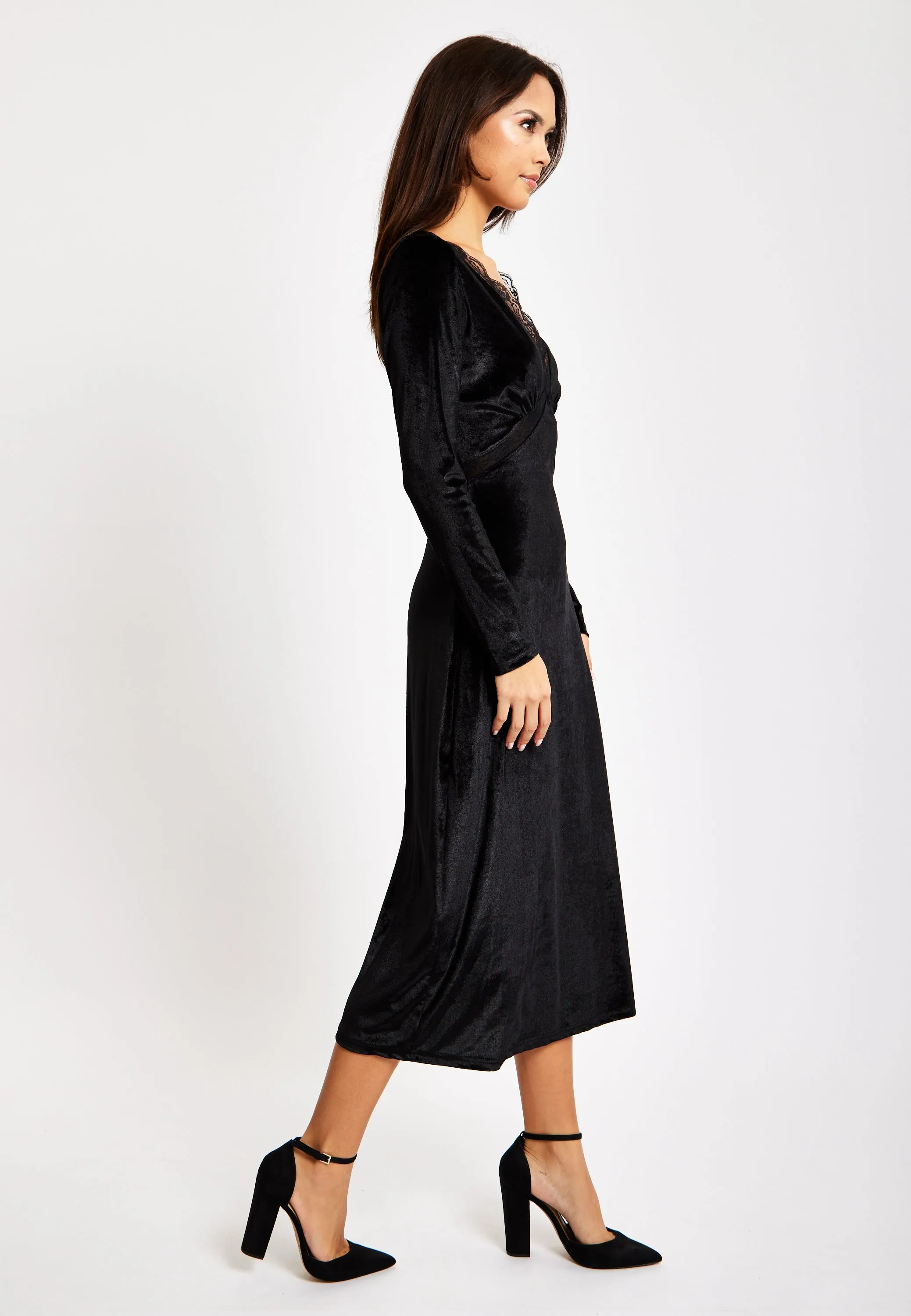 Black Velvet Midi Dress With Lace Details by Liquorish sold by Goddiva product image thumbnail 5
