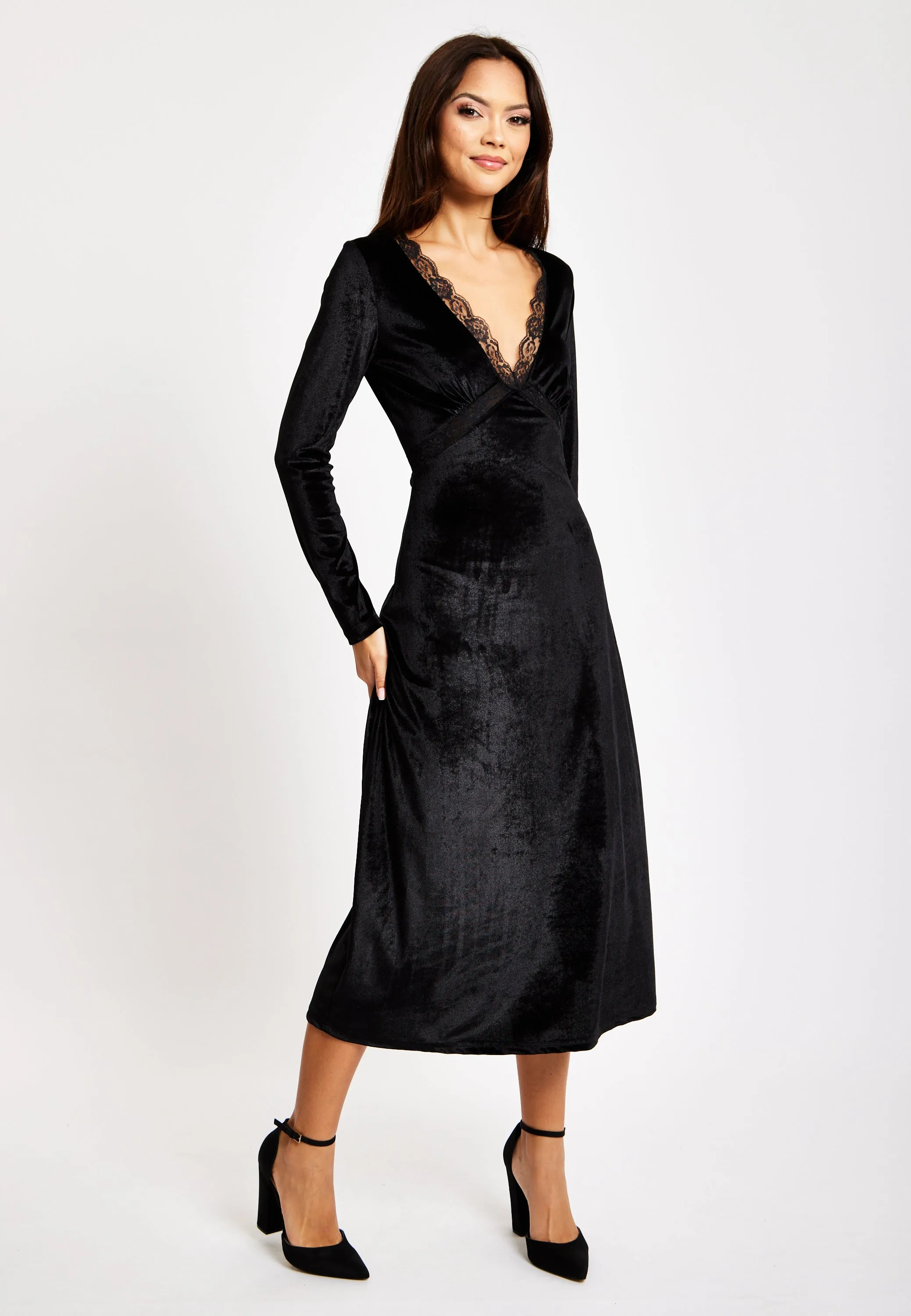 Black Velvet Midi Dress With Lace Details by Liquorish sold by Goddiva product image thumbnail 2