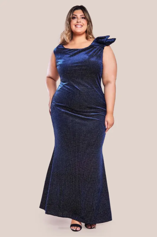 Goddiva Plus Glitter Velvet Maxi With Bow Detail - Navy sold by Goddiva