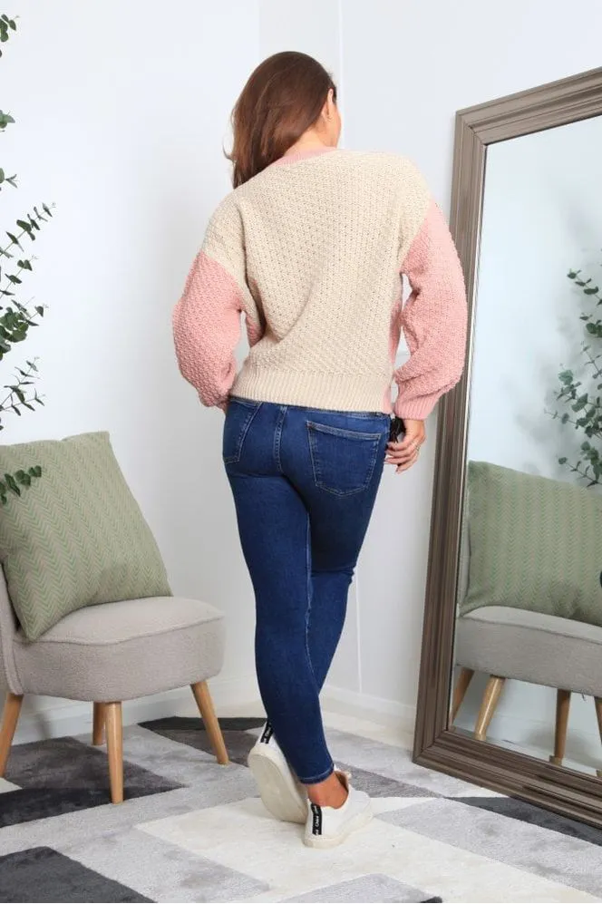 Double Second Pink And Oatmeal Colour Block Cable Knit Jumper sold by Goddiva product image thumbnail 5
