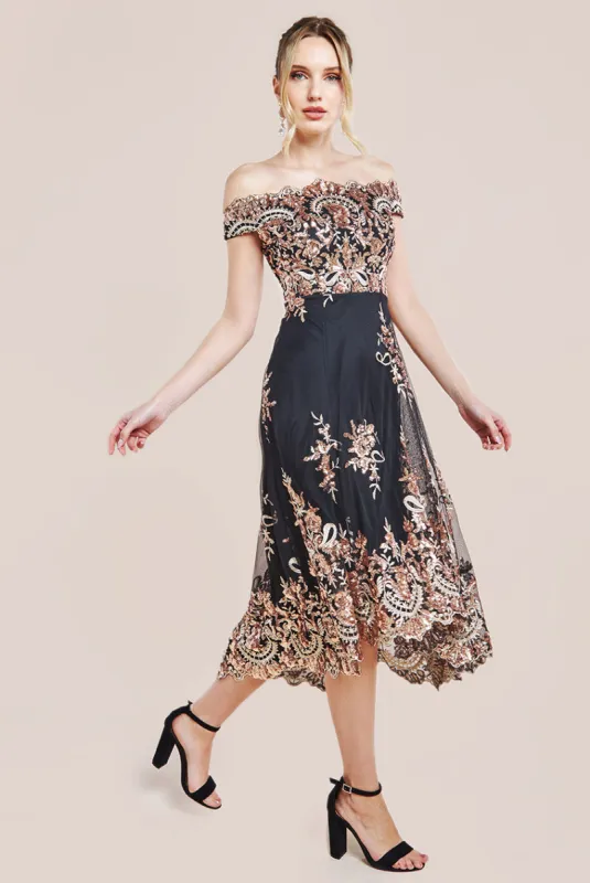 Bardot Sequin & Lace High Low Midi - Champagne by Goddiva sold by Goddiva