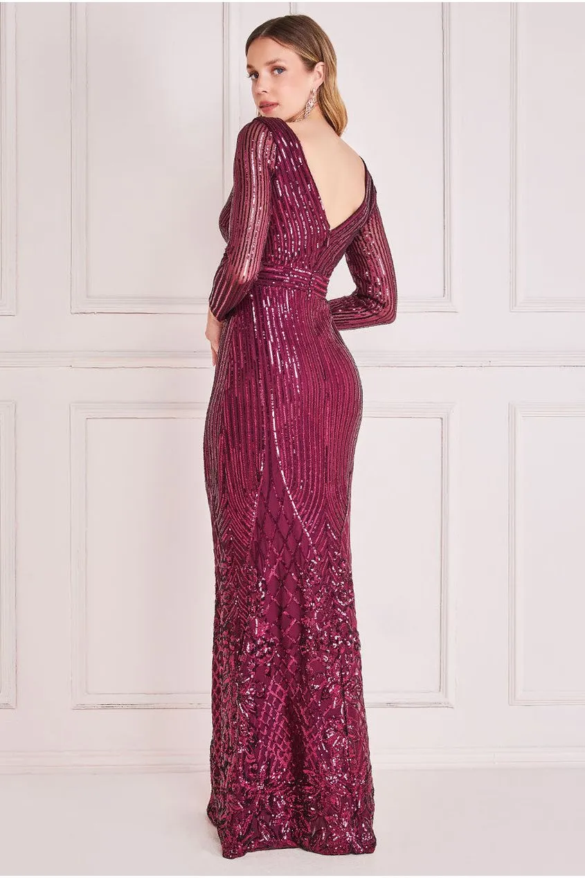Goddiva Long Sleeve Sequin V Wrap Maxi Dress - Burgundy sold by Goddiva product image thumbnail 2