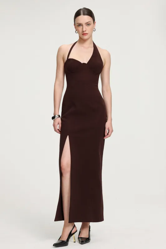Halter Neck Slit Crepe Maxi Dress by Skye&Iris sold by Goddiva