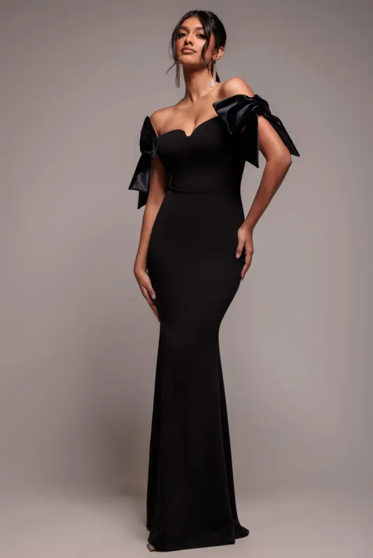Scuba Off The Shoulder Velvet Bow Maxi Dress - Black by Goddiva sold by Goddiva