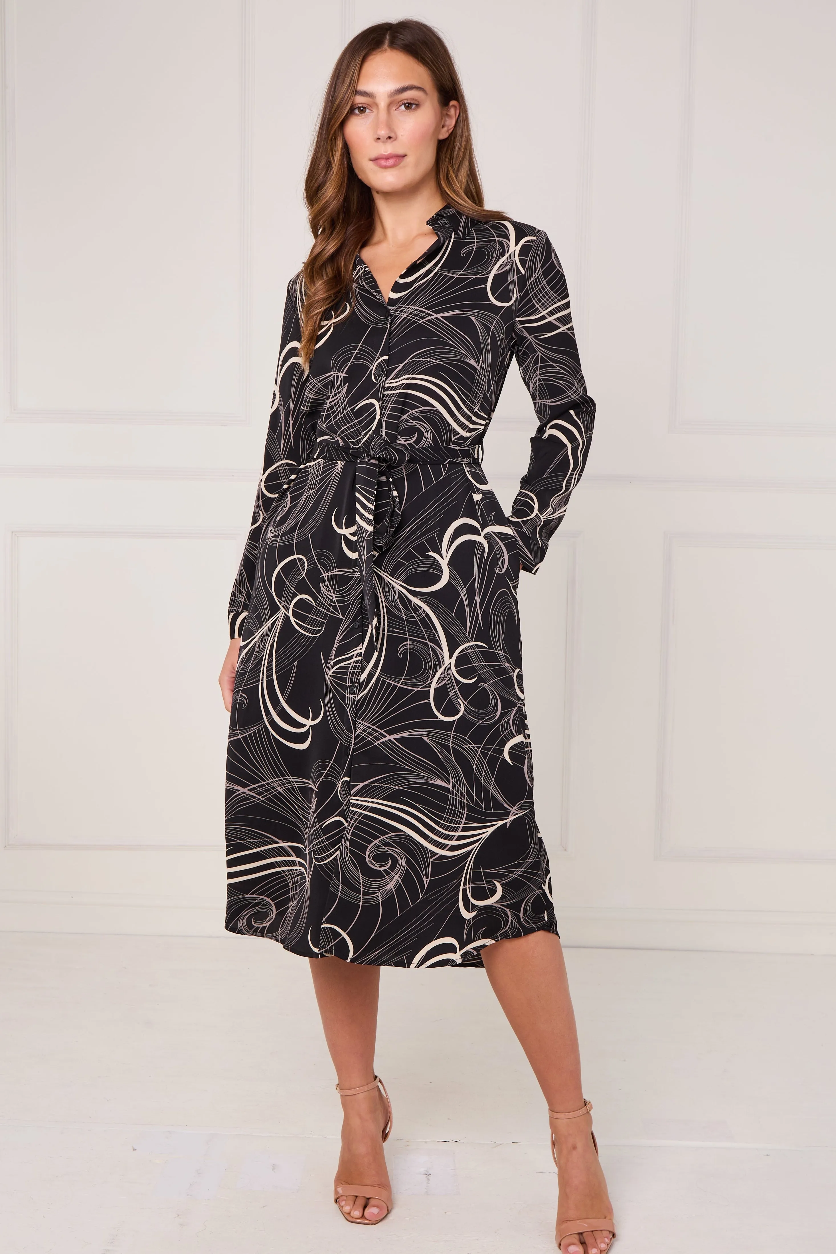 Black Abstract Swirl Print Midi Shirt Dress by LOVE SUNSHINE sold by Goddiva