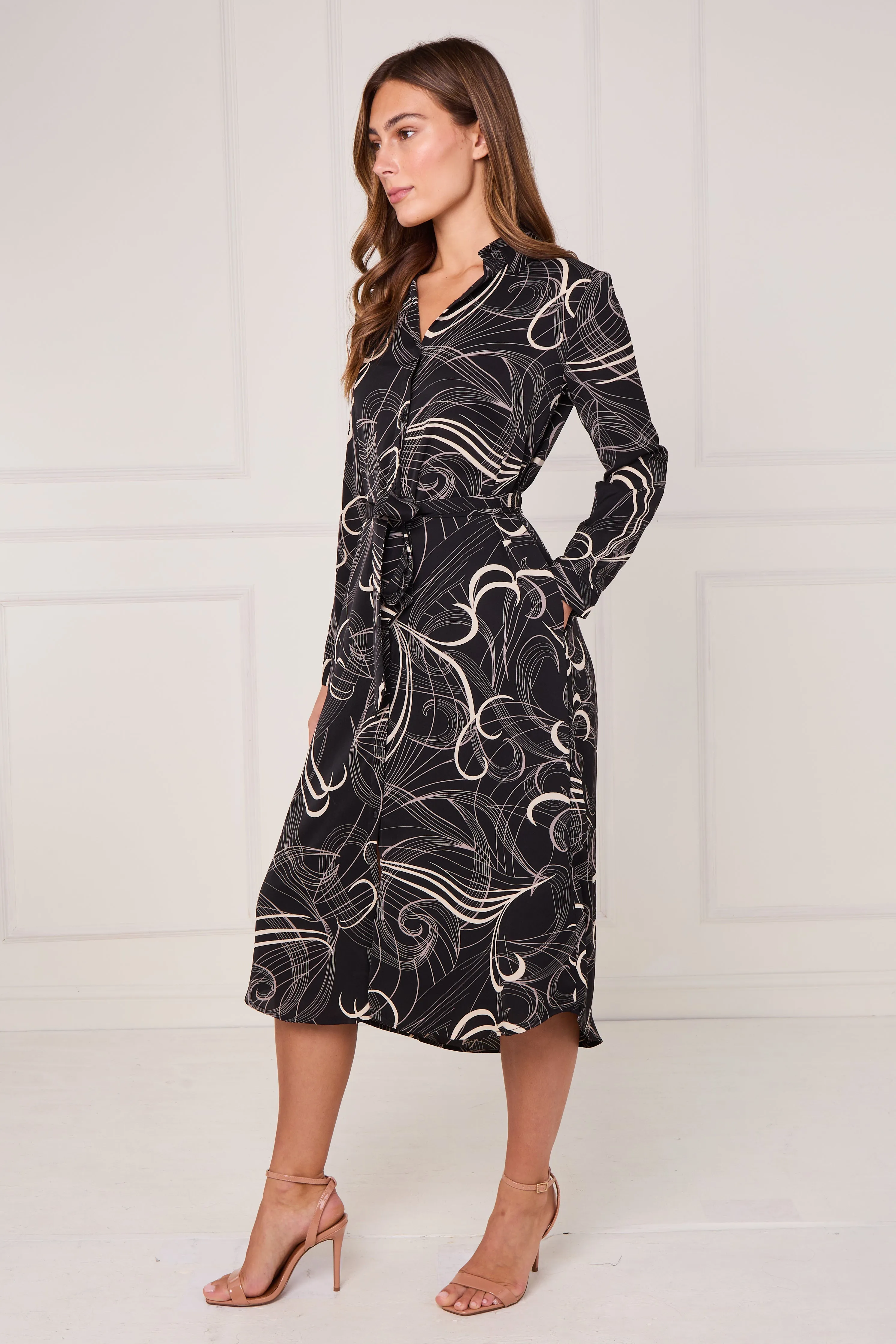Black Abstract Swirl Print Midi Shirt Dress by LOVE SUNSHINE sold by Goddiva product image thumbnail 5