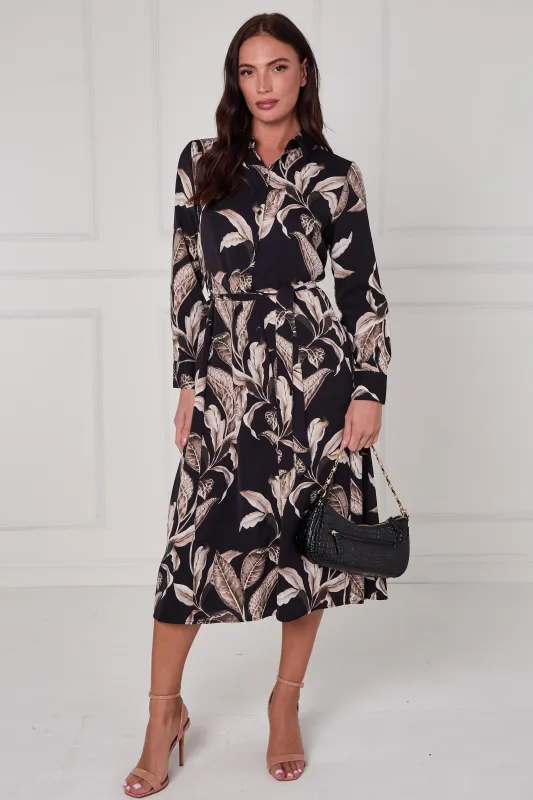 Black Botanical Print Midi Shirt Dress by LOVE SUNSHINE sold by Goddiva