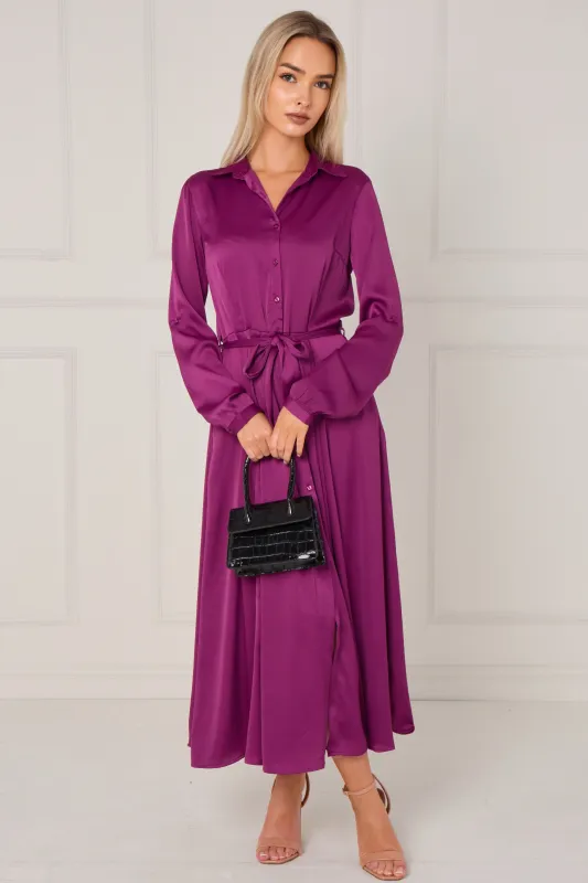 Magenta Layered Satin Long Sleeve Maxi Shirt Dress by LOVE SUNSHINE sold by Goddiva