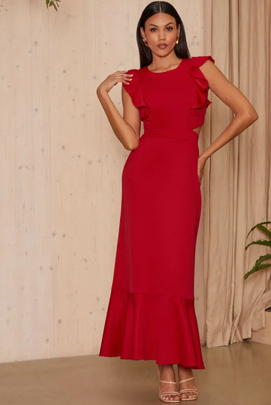 Ruffle Sleeve Cut Out Back Maxi Dress In Red by Chi Chi London sold by Goddiva