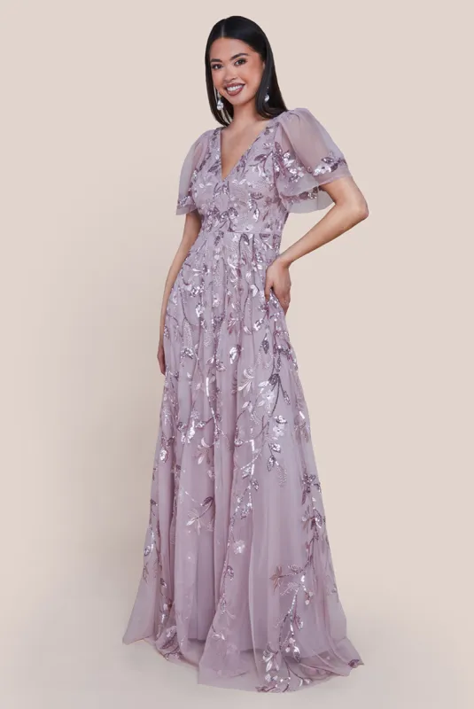 Flared Sleeve Embroidered Maxi Dress - Blush Pink by Goddiva sold by Goddiva