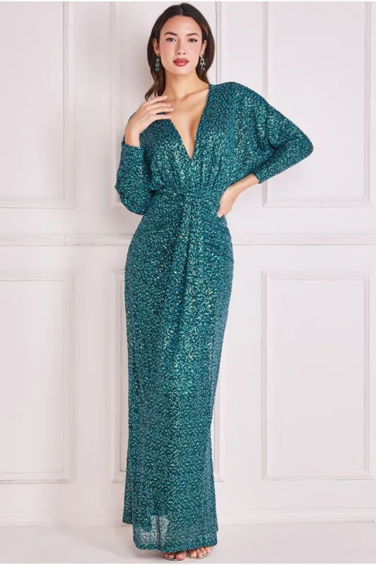 Plunge V-Neck Sequin Maxi - Emerald Green by Goddiva sold by Goddiva