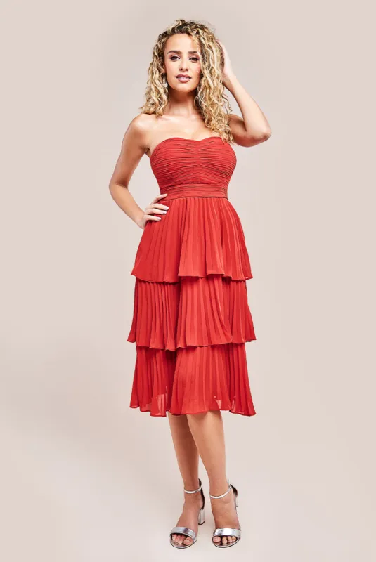 Pleated Bandeau Bodice Chiffon Tiered Midi - Orange by Goddiva sold by Goddiva