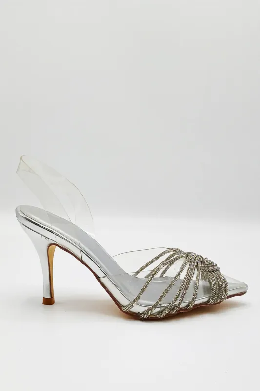 Liz Diamante Embellished Sling Back Perspex Court Shoes In Silver by Miss Diva sold by Goddiva