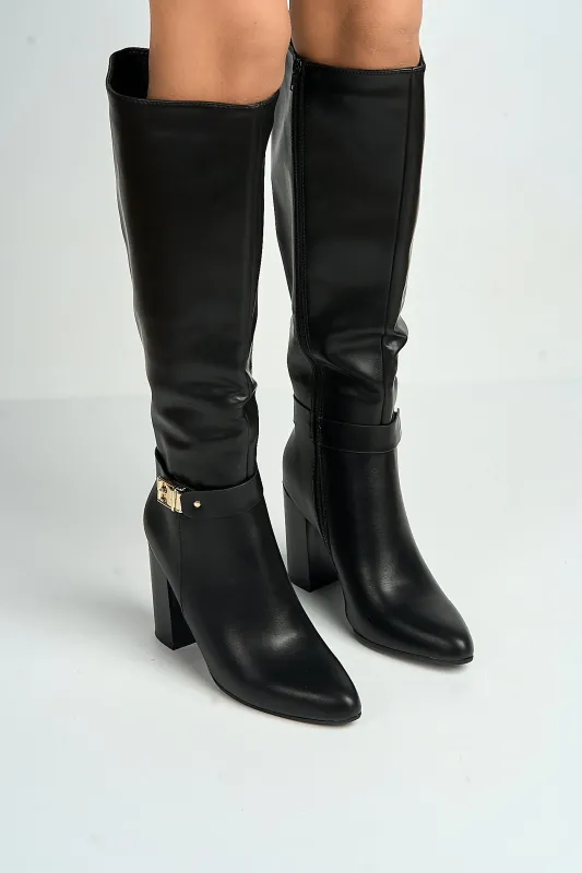 Emilia Gold Buckle Block Heel Knee High Boots In Black by Miss Diva sold by Goddiva