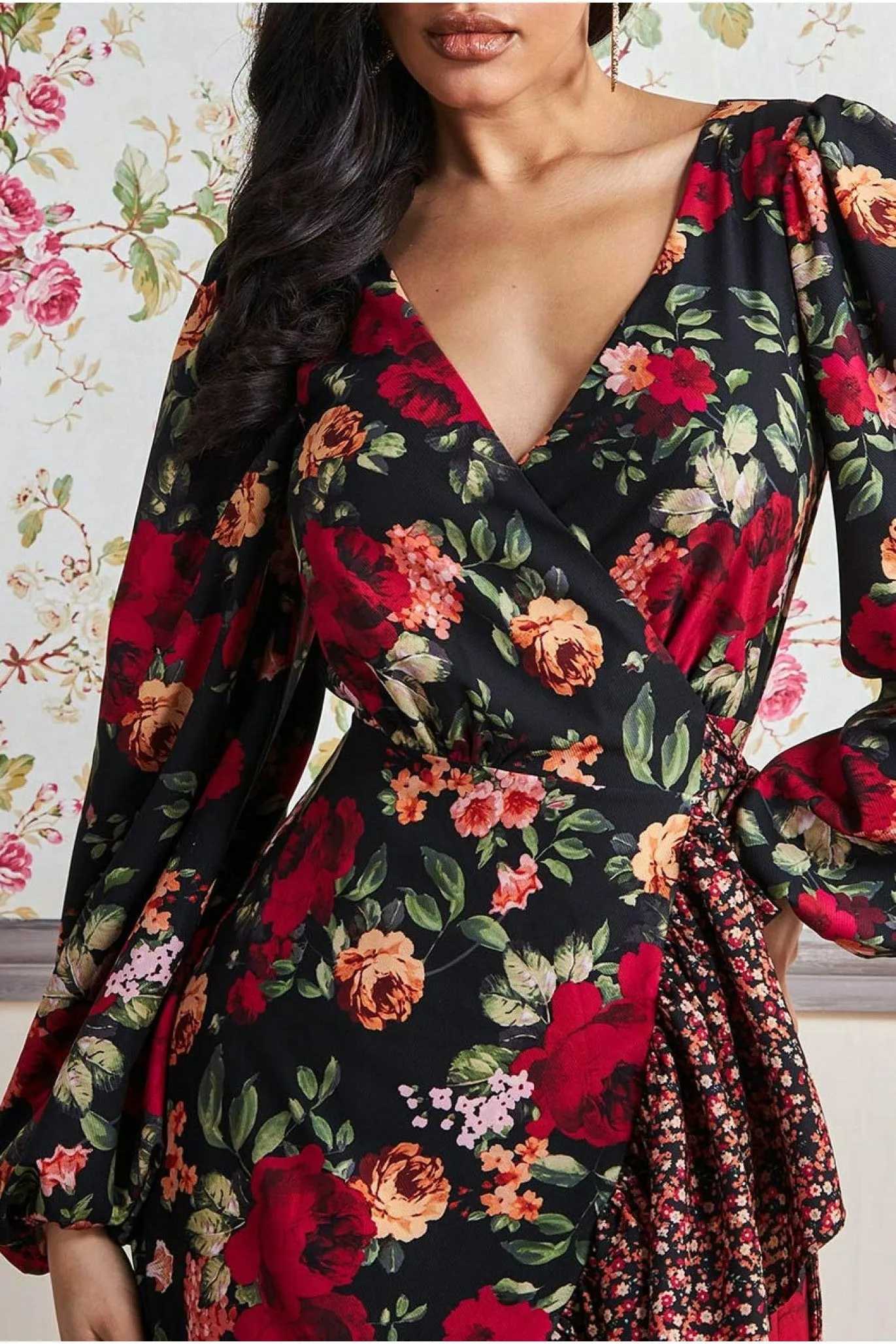 Frill Hem Wrap Maxi Dress - Red Print by Goddiva sold by Goddiva product image thumbnail 3