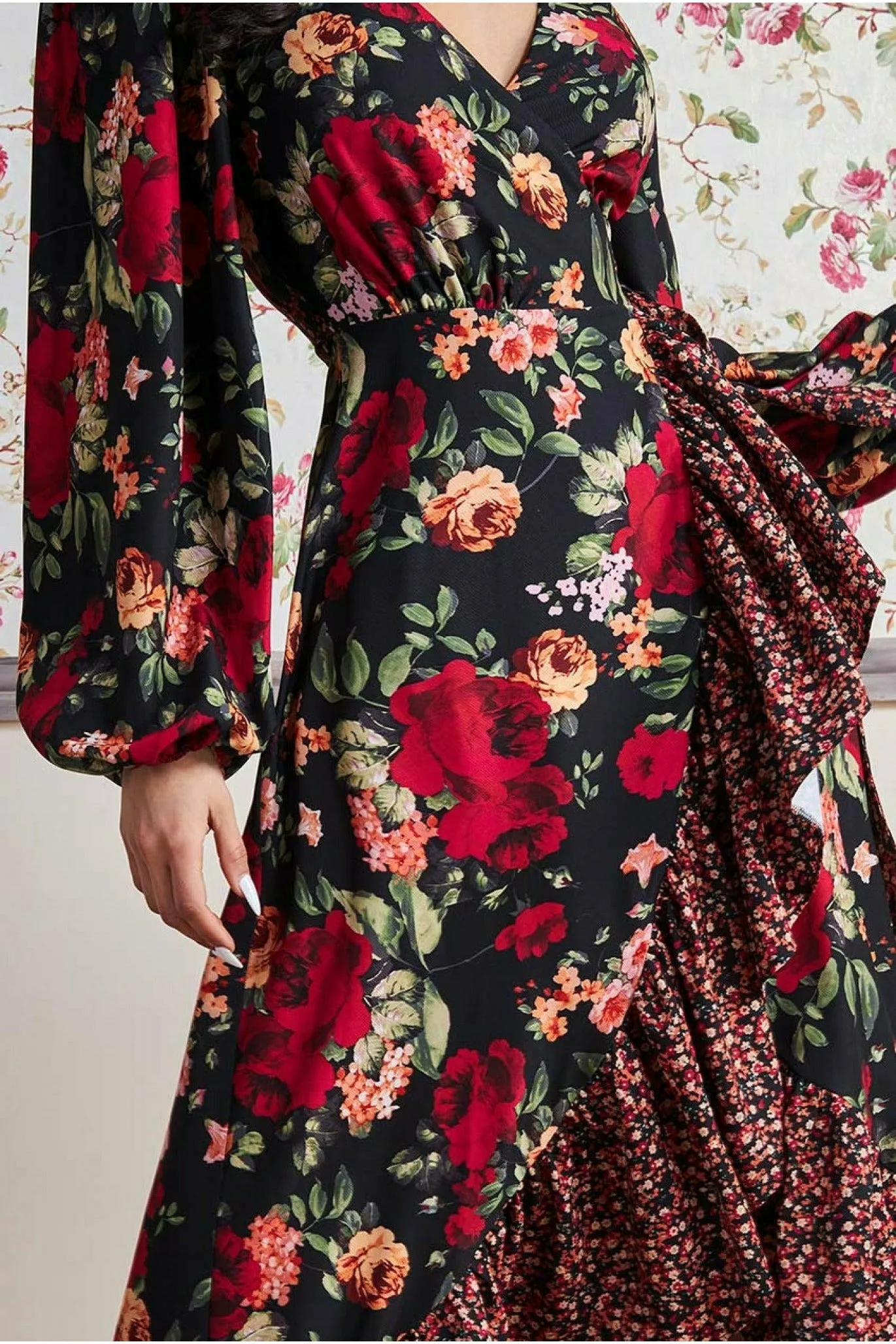 Frill Hem Wrap Maxi Dress - Red Print by Goddiva sold by Goddiva product image thumbnail 4