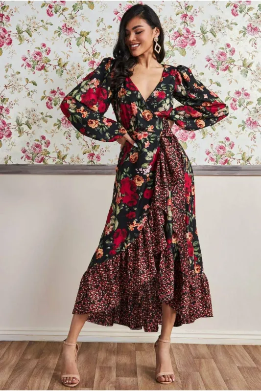 Frill Hem Wrap Maxi Dress - Red Print by Goddiva made by Goddiva