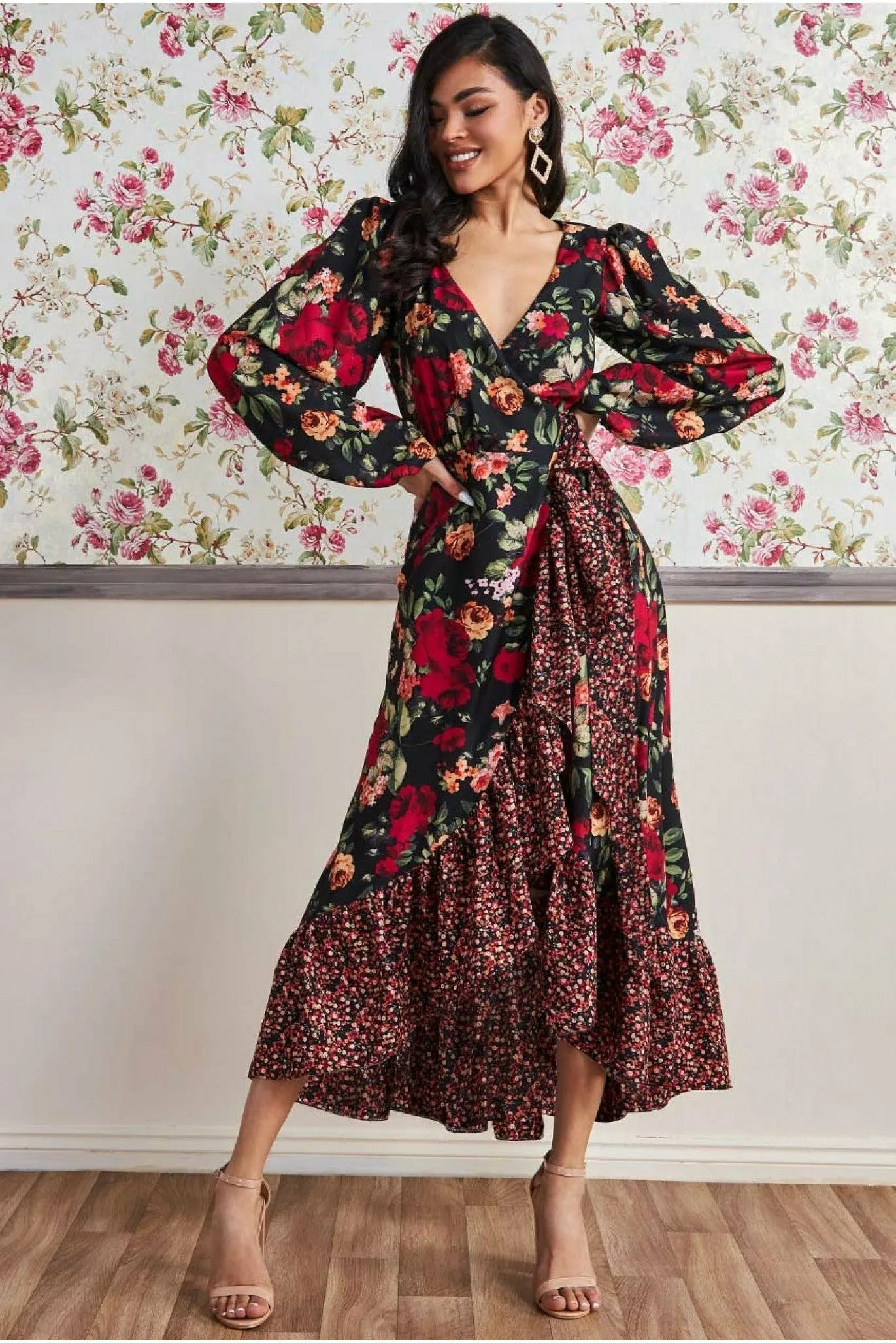 Frill Hem Wrap Maxi Dress - Red Print by Goddiva sold by Goddiva