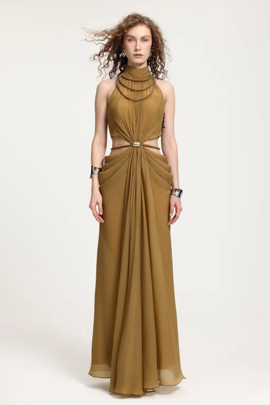 High-Neck Braided Cut-Out Draped Chiffon Maxi Dress by Skye&Iris made by Goddiva