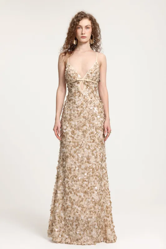 Deep V Sequin Spaghetti Strap Maxi Gown by Skye&Iris sold by Goddiva
