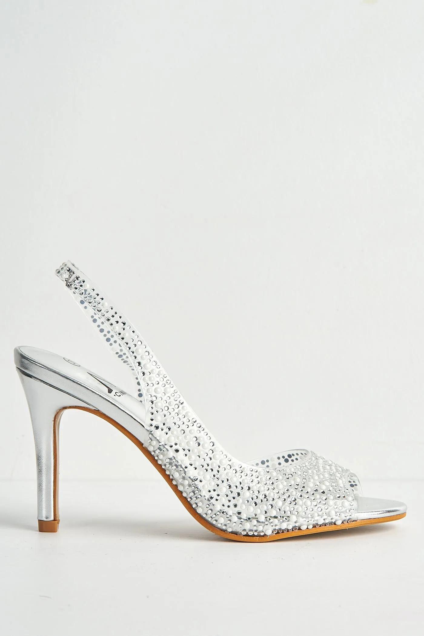 Eliana Diamante & Pearl Encrusted Slingback Heeled Sandals In Silver by Miss Diva sold by Goddiva product image thumbnail 4
