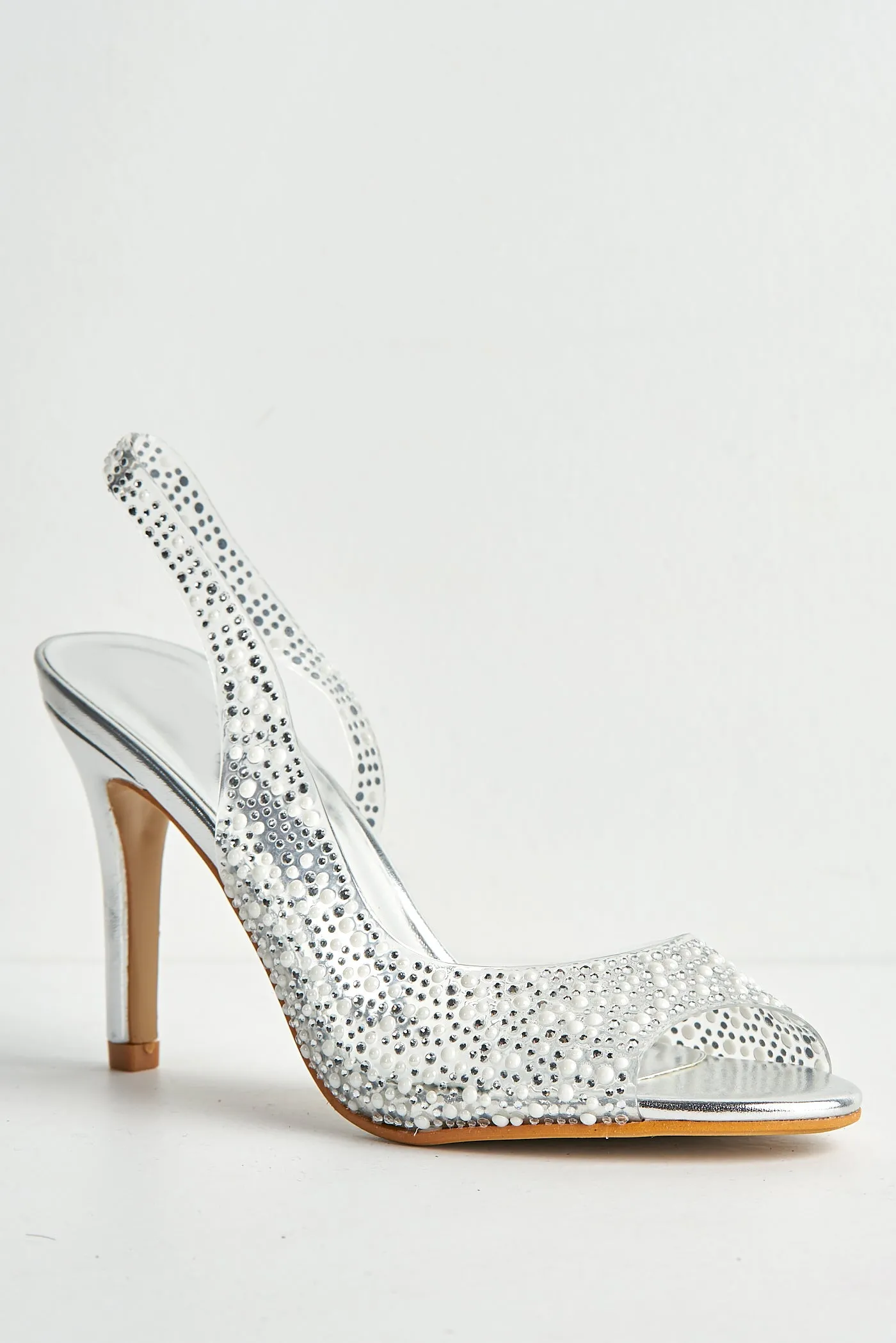 Eliana Diamante & Pearl Encrusted Slingback Heeled Sandals In Silver by Miss Diva sold by Goddiva product image thumbnail 5