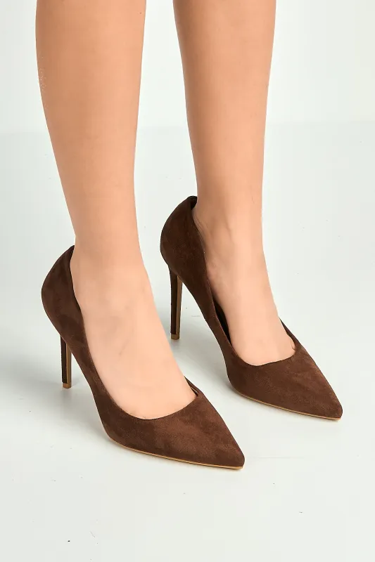 Mila High Stiletto Faux Sued Heel Court Shoe In Chocolate by Miss Diva made by Goddiva