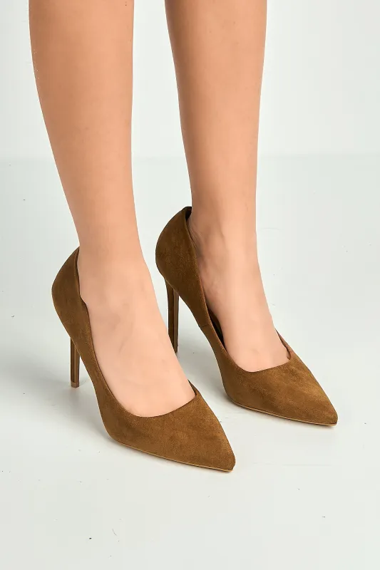 Mila High Stiletto Faux Sued Heel Court Shoe In Tan Suede by Miss Diva made by Goddiva