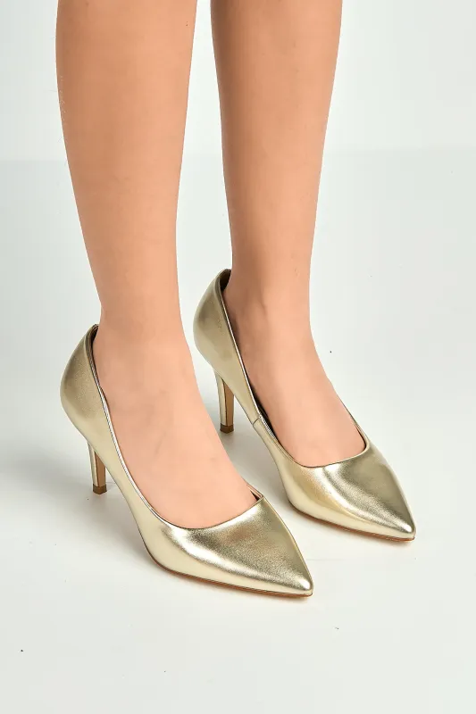 Ingrid Pointed Toe Court Heels In Gold by Miss Diva made by Goddiva
