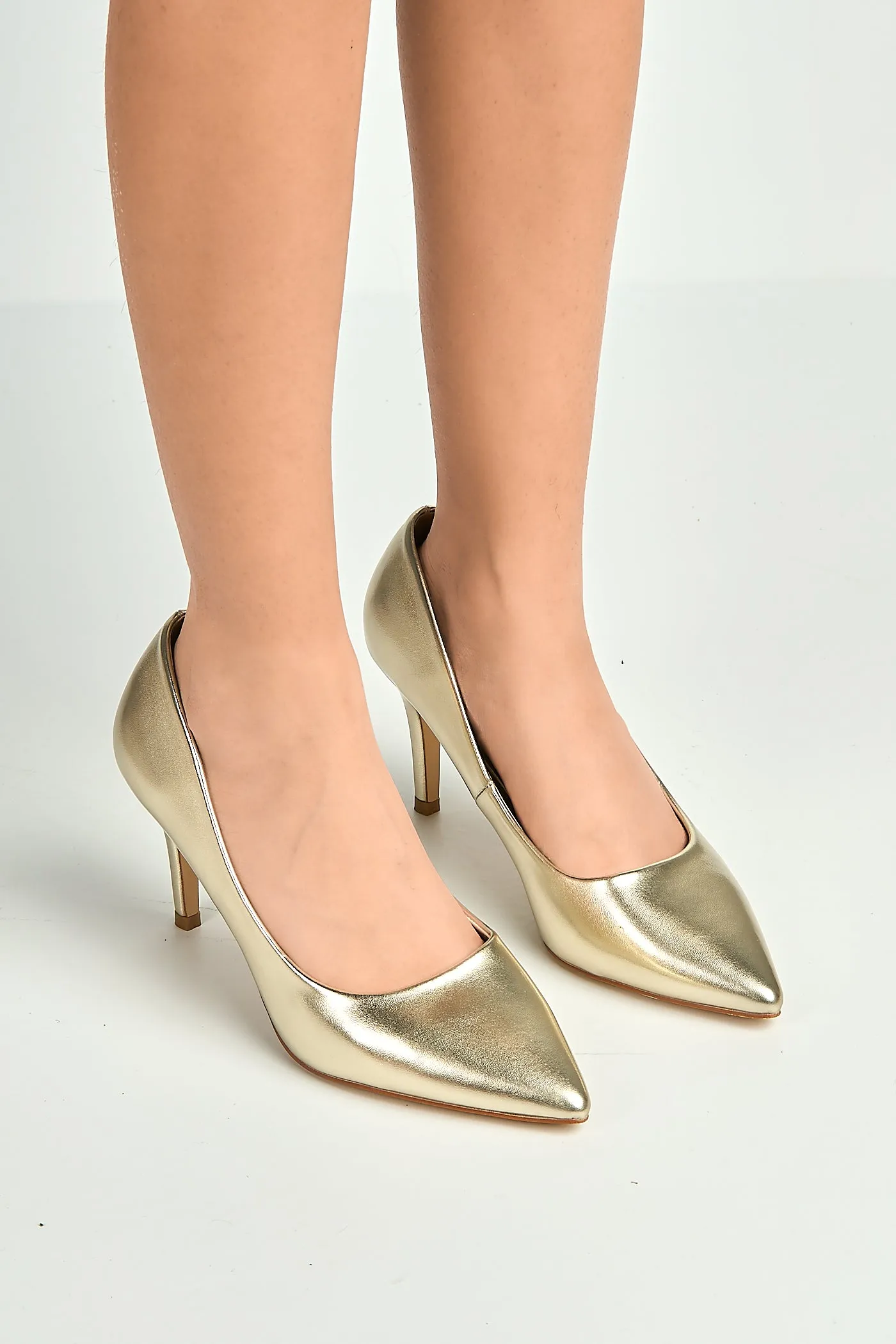 Ingrid Pointed Toe Court Heels In Gold by Miss Diva sold by Goddiva