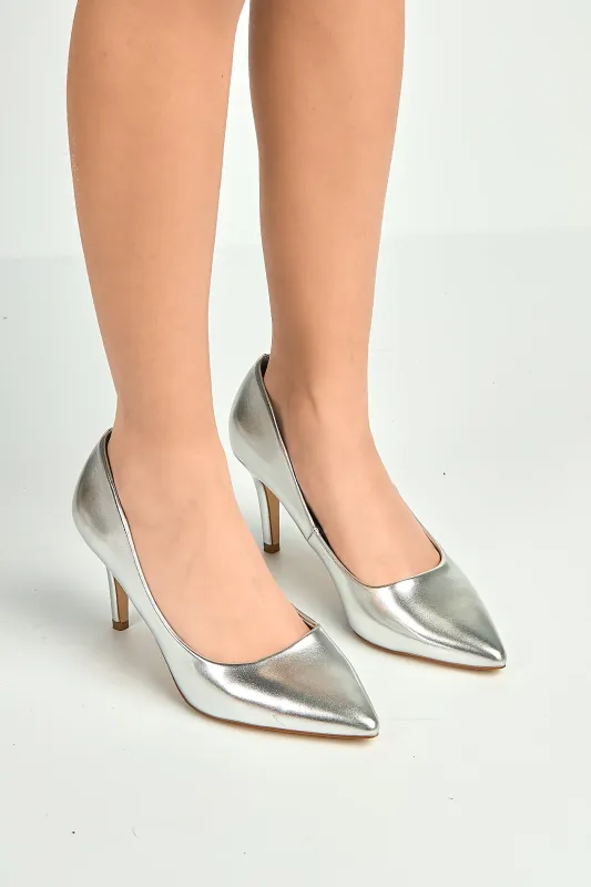 Ingrid Pointed Toe Court Heels In Silver by Miss Diva made by Goddiva