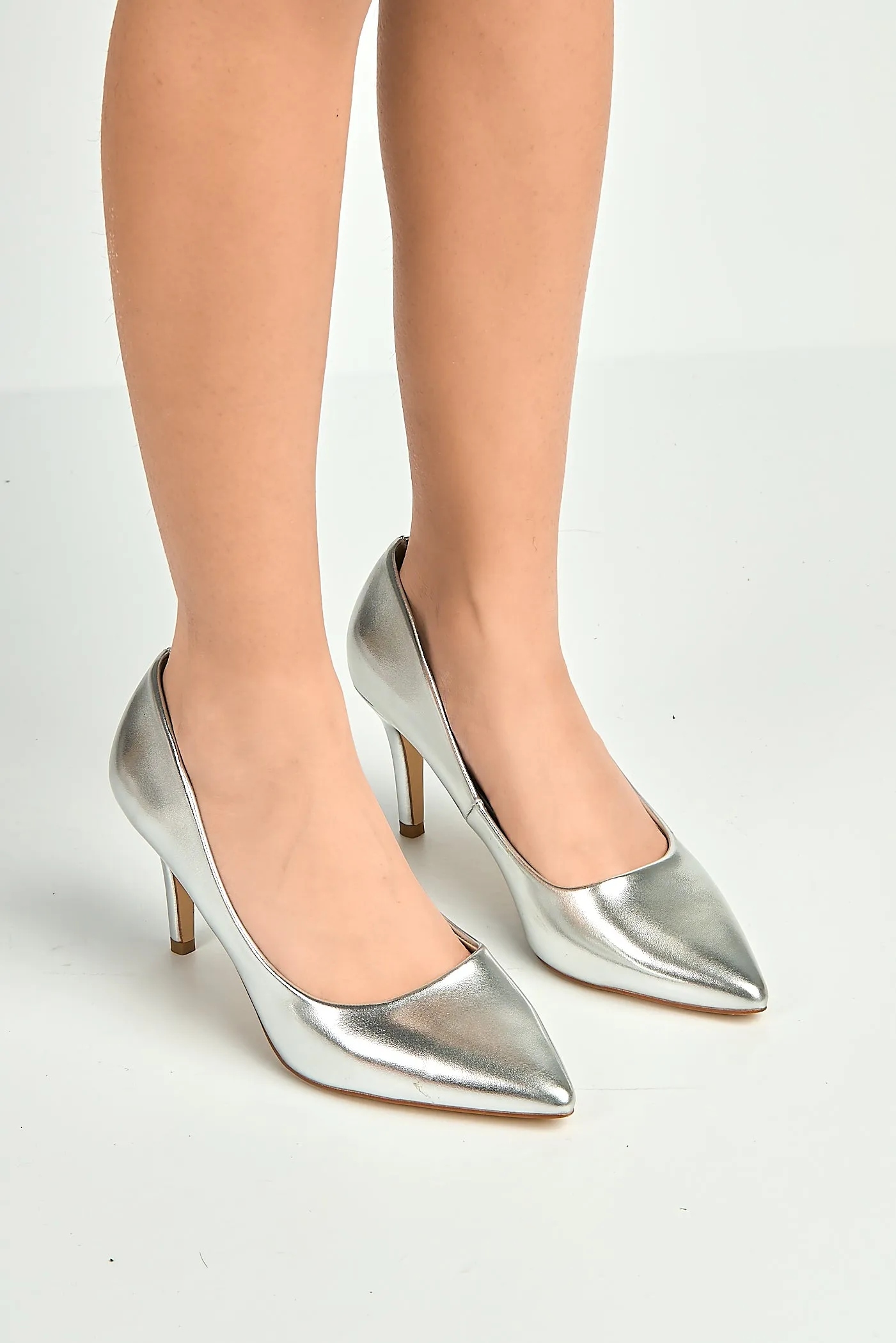 Ingrid Pointed Toe Court Heels In Silver by Miss Diva sold by Goddiva