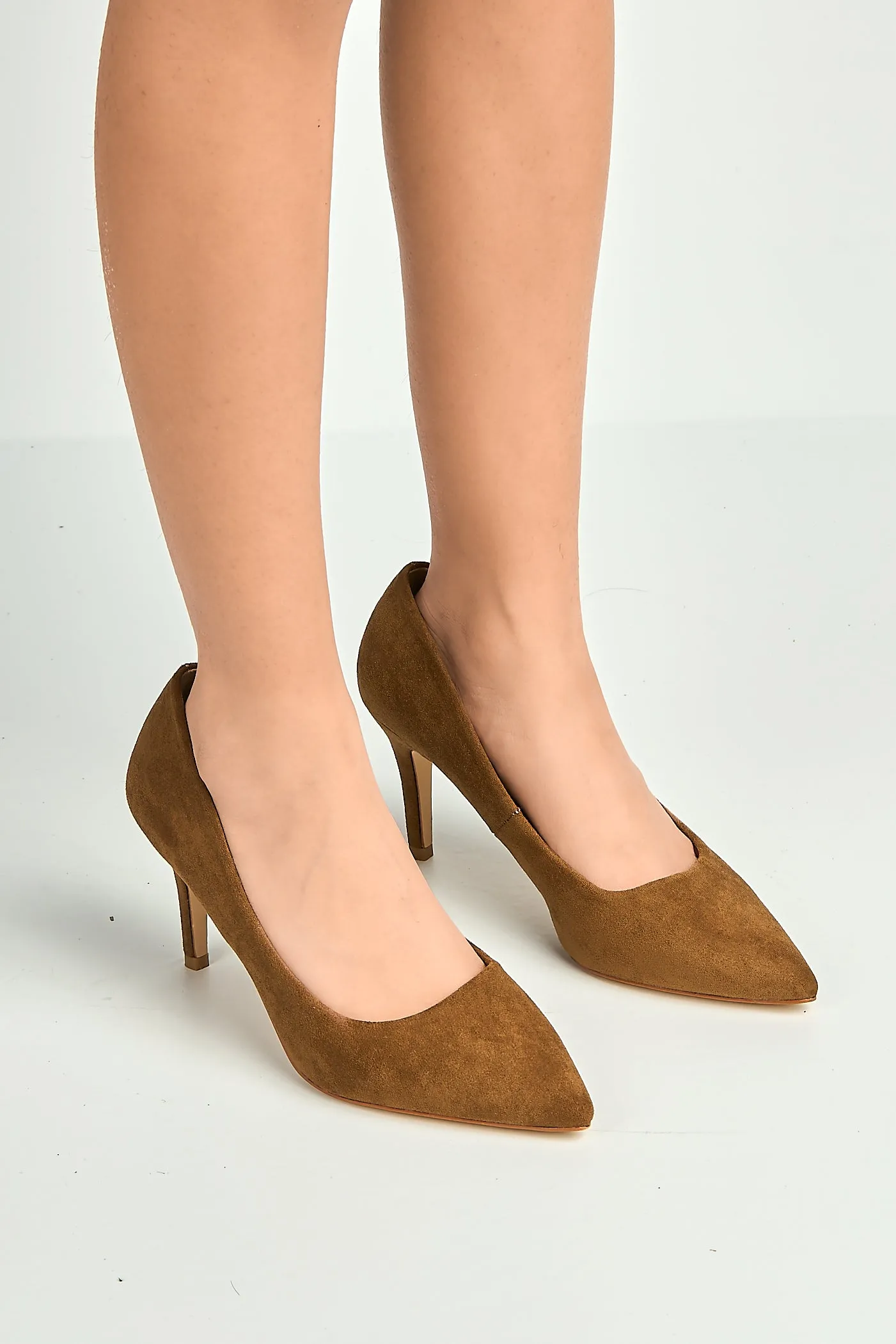 Ingrid Pointed Toe Court Heels In Tan Suede by Miss Diva sold by Goddiva