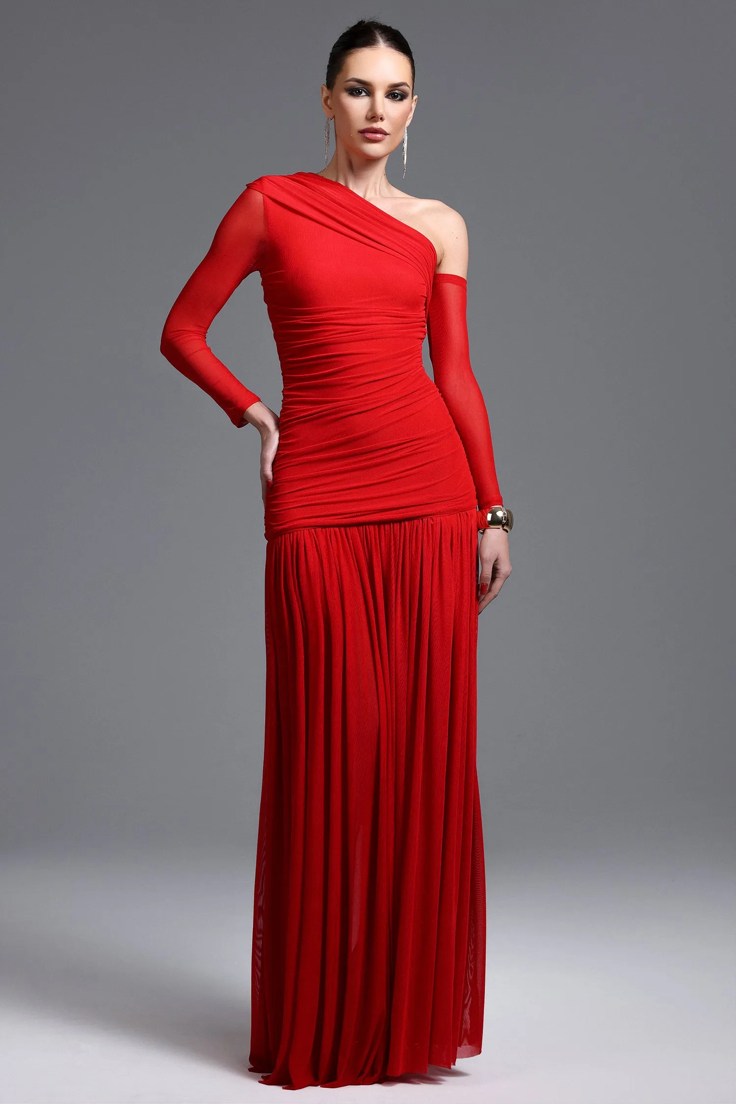 Zaniyah Elegant Contour One Shoulder Ruched High Slit Knit Maxi Dress by Bella Barnett sold by Goddiva